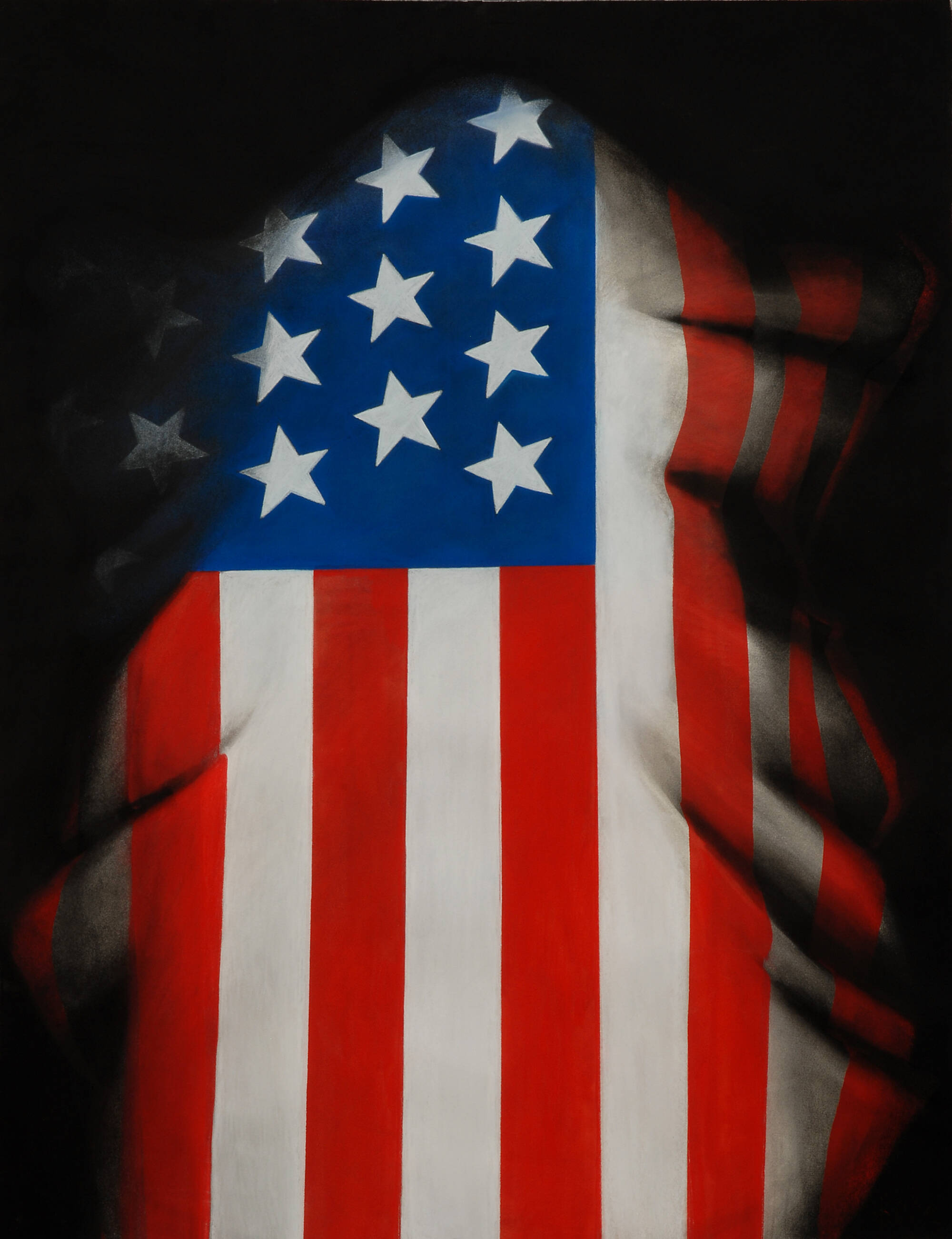 Work paper that looks 3D of an American flag draped over a coffin.